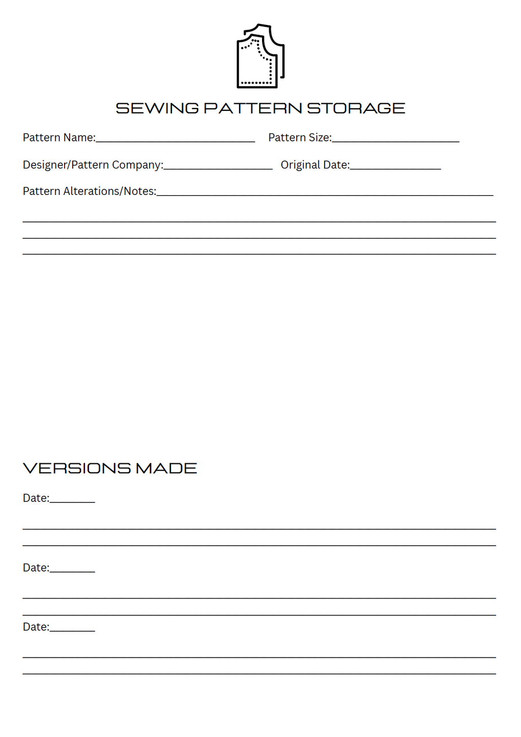 Sewing Pattern Storage Sheet