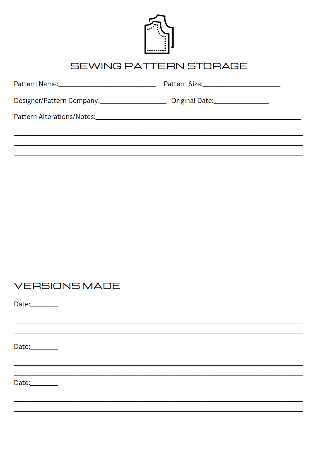 Sewing Pattern Storage Sheet