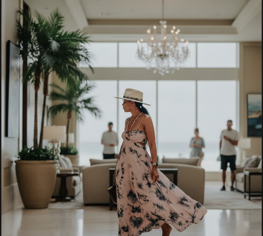 Woman in a floral dress walking in a modern hotel lobby with palm trees outside.